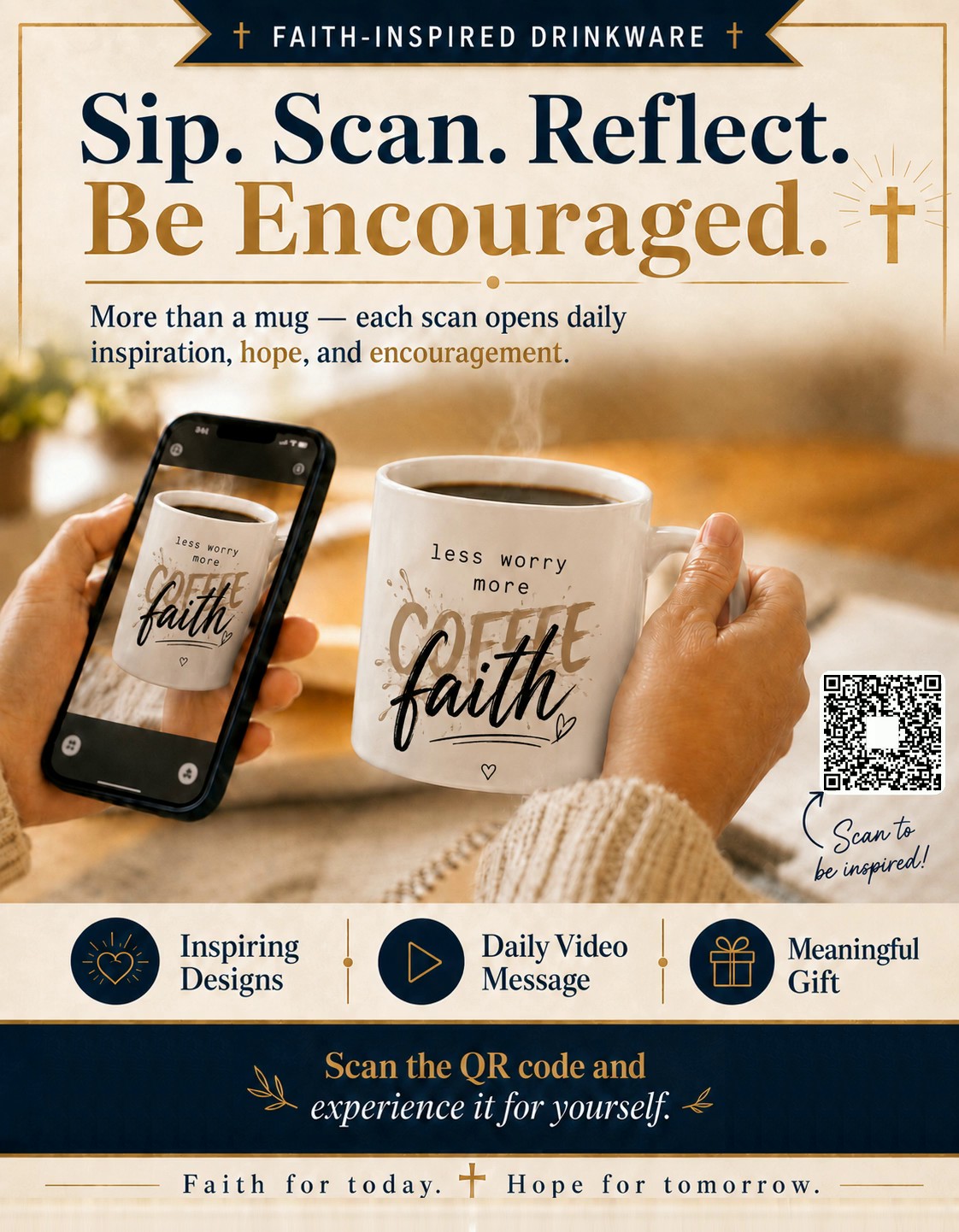 Sip. Scan. Reflect. Be Encouraged. — Coffee Faith mug with live scannable QR code