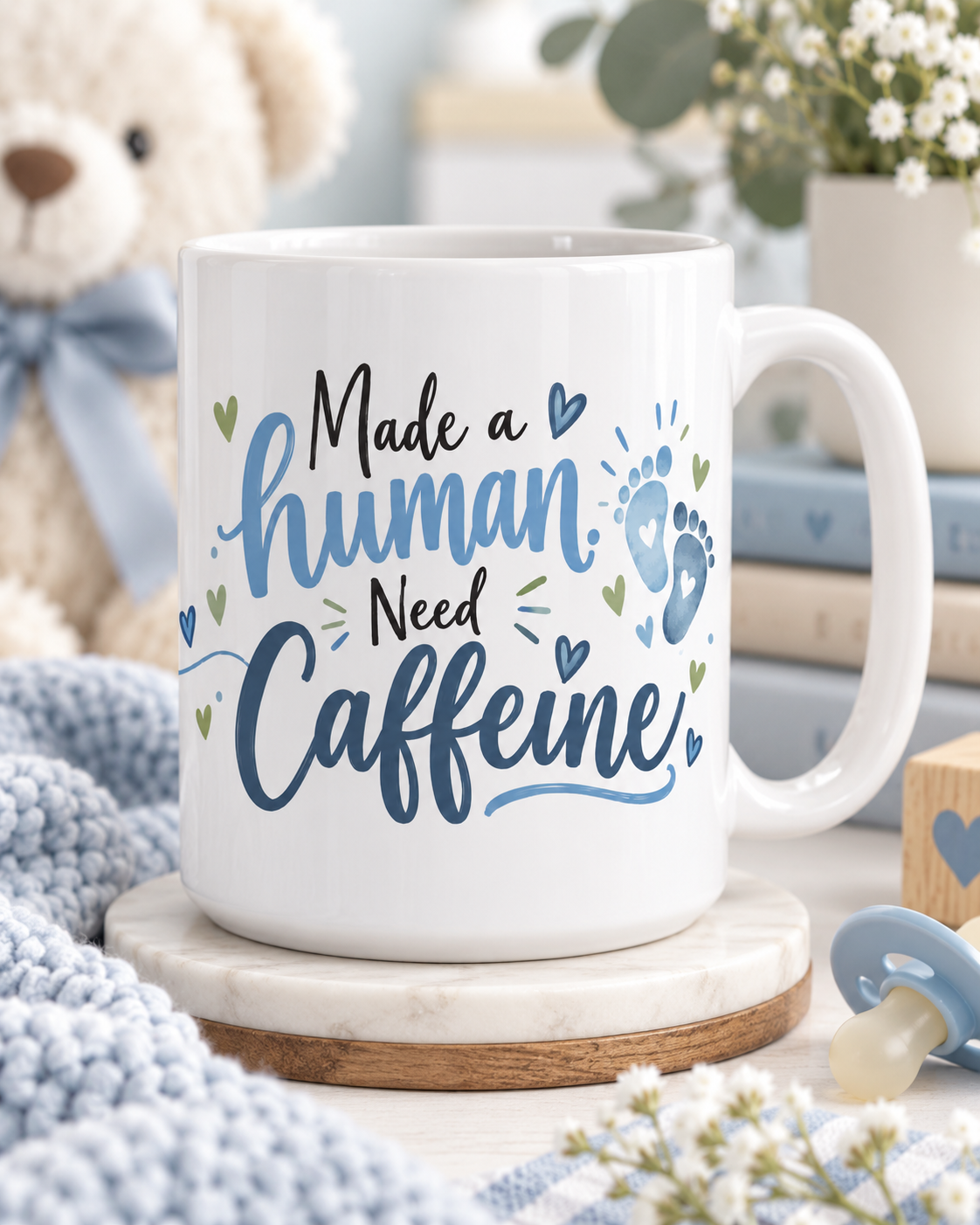 Made a Human, Need Caffeine mug front, boy