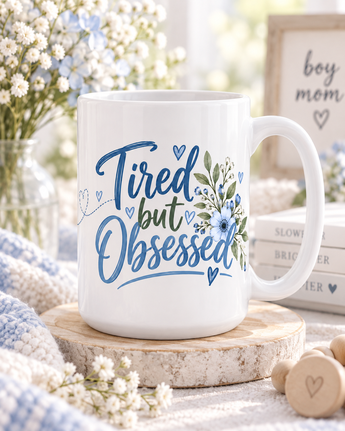Tired but Obsessed mug front, boy