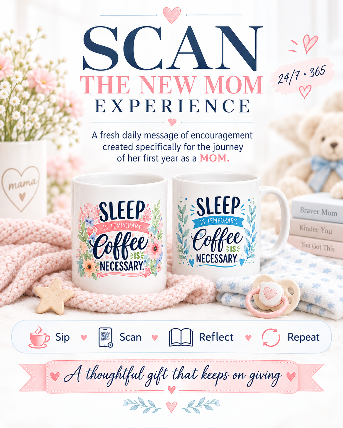 Scan the New Mom experience — a fresh daily message of encouragement for her first year as a mom. Sip, Scan, Reflect, Repeat. A Sip Encounters, LLC collection.