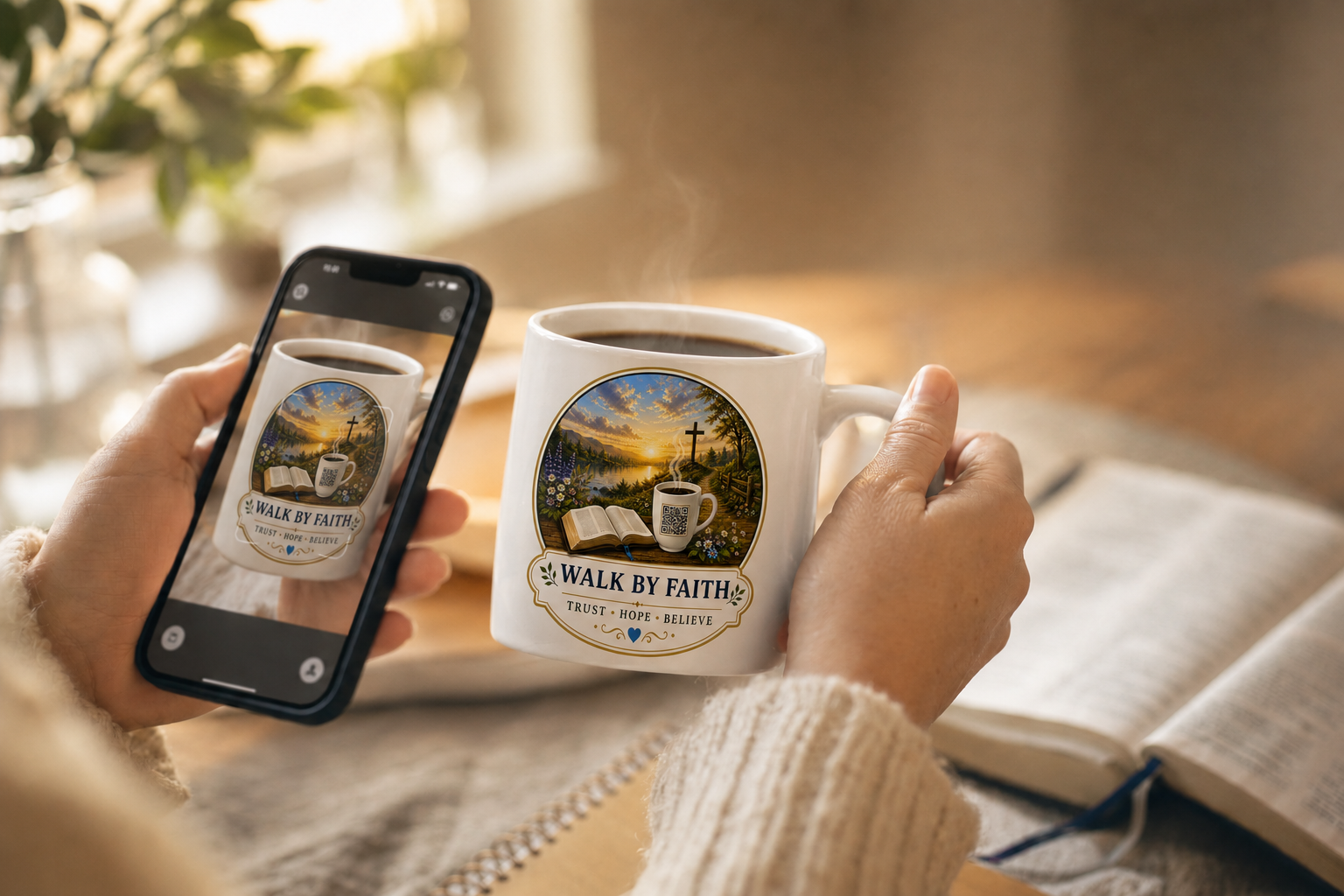 Walk By Faith mug being scanned with phone, morning light and open Bible