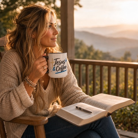 Woman on a porch at sunrise with her Jesus & Coffee mug and an open Bible, looking out at the Blue Ridge mountains