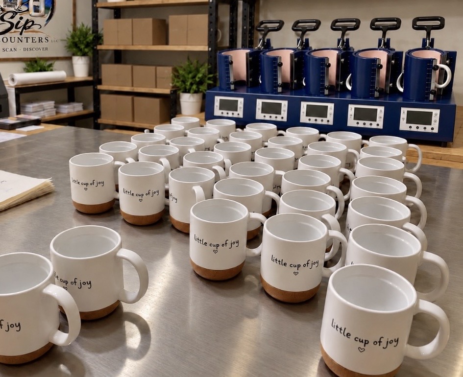 Mugs fresh off the presses in our workshop